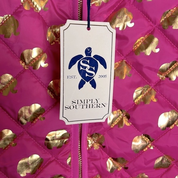 SIMPLY SOUTHERN Puffer Vest Elephant Print Preppy Colligiate Large Gold Pink - Picture 4 of 9